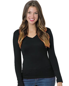 Bayside 3415 Women's USA-Made Deep V-Neck Long Sleeve T-Shirt -