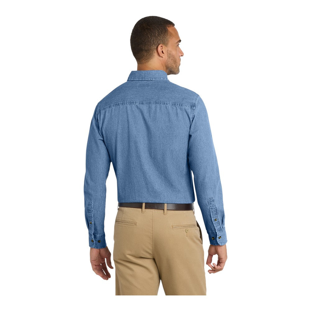 Port & Company Men's Long Sleeve Denim Shirt – 100% Cotton, Button-Down Collar, Patch Pocket – Classic Workwear Style