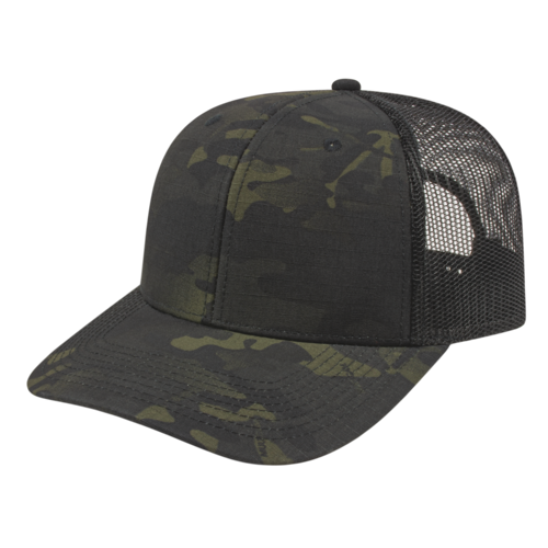 Leather Patch Trucker Style Hats - Black Multicam w/Black Leather Patch -  American Flag