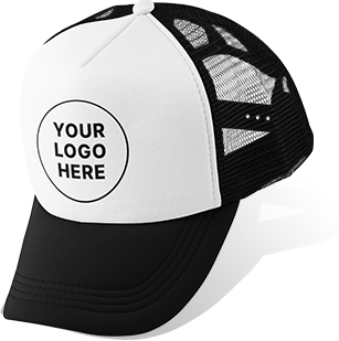 Black and white trucker hat with a custom logo on the front panel.