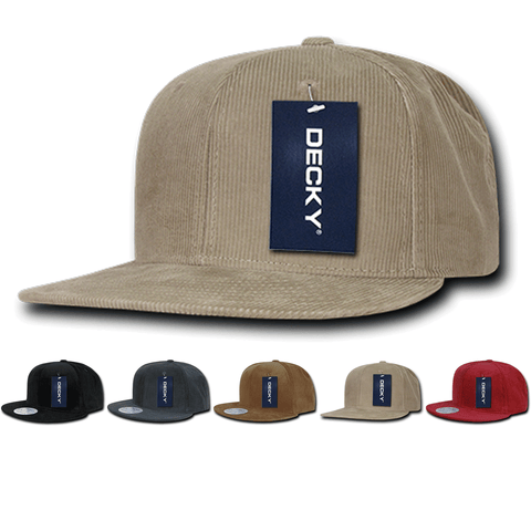 Decky 1076 Corduroy Snapback Hat, 6 Panel Flat Bill Cap