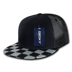 Decky 1085 Checker Bill Trucker Snapback Hat, Flat Bill Check Pattern Cap -