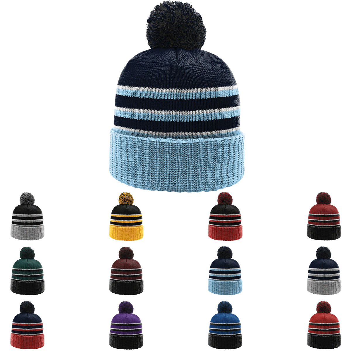 Richardson 134 - Striped Knit Beanie with Cuff & Pom - 134 