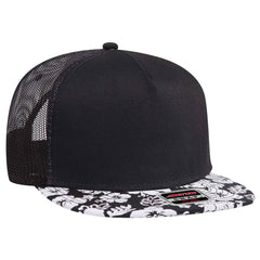 Otto 5 Panel Mid Pro Mesh Back Tropical Trucker Snapback Hat, Hawaiian Pattern Flat Bill Cap - 154-1155 -