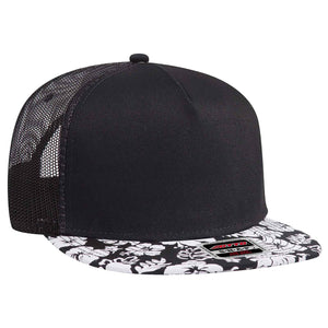 Otto 5 Panel Mid Pro Mesh Back Tropical Trucker Snapback Hat, Hawaiian Pattern Flat Bill Cap - 154-1155 -