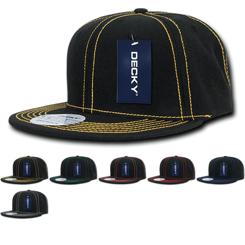 Decky 358 - Contrast Stitch Snapback Hat, 6 Panel Contra-Stitch Flat Bill Cap