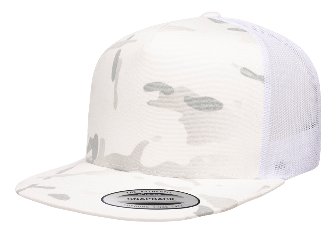 Yupoong 6006MC MultiCam® Camo with Snapback Trucker Hat, The Flat Park Bill Wholesale Cap –