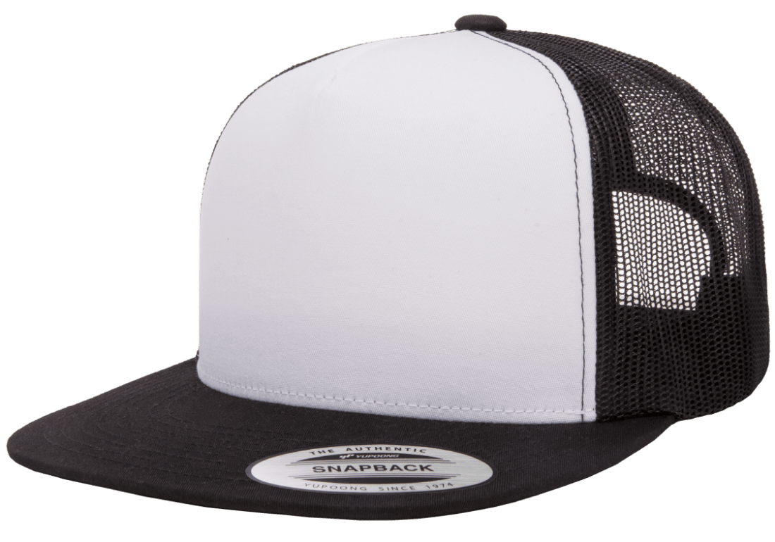 Yupoong 6006W Premium Trucker Snapback Hat Flat Bill Cap with Mesh Back White Front YP Classics