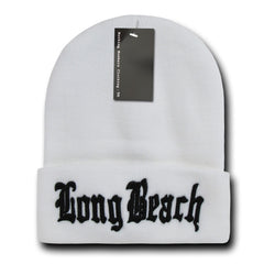 Long Beach City Beanie Knit Cap, White/Black -