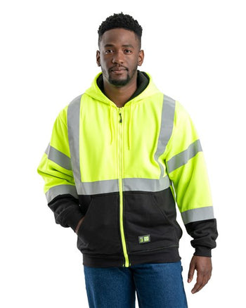 Berne Apparel HVF023 Men's Hi-Vis Class 3 Color Block Full-Zip Hooded Sweatshirt
