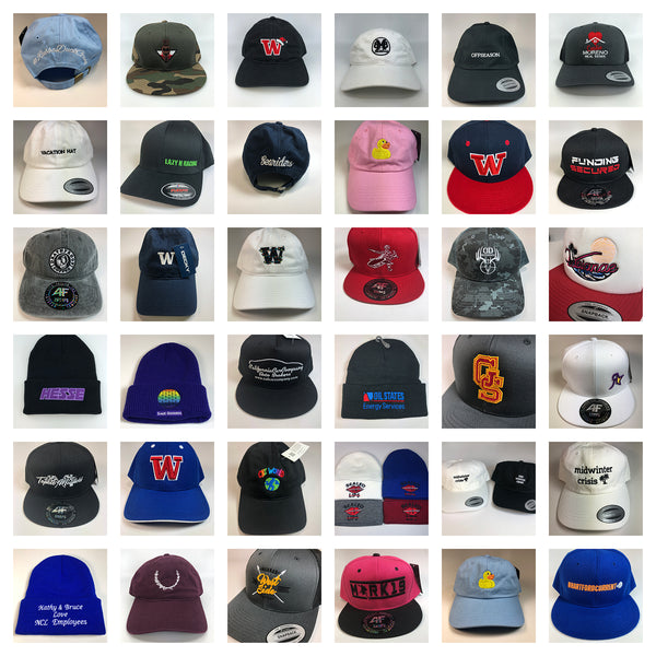 A collage of custom embriodered hat pictures, We offer custom hats, embroidered hats, custom hat embroidery, promotional hats, wholesale custom hats & wholesale embroidered hats in bulk, and wholesale hat embroidery.