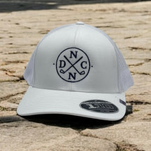 White mesh-back trucker cap featuring the DNC golf logo.