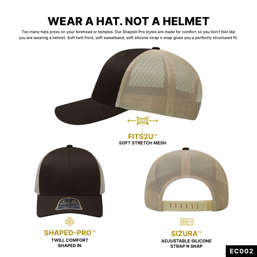 Brown and khaki trucker cap, three views: Fits2U stretch mesh side, Shaped-Pro twill front, Sizura silicone strap back.
