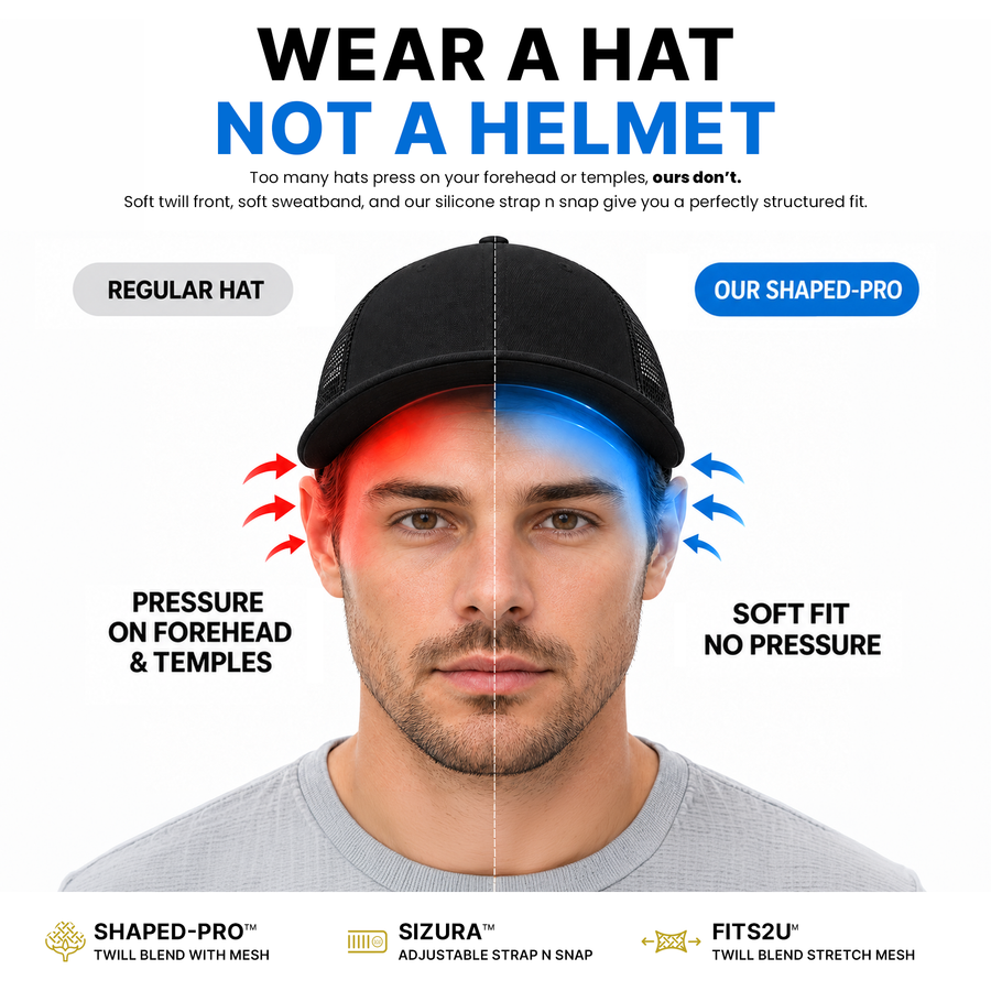 Wear a hat, not a helmet: regular hats press on the forehead and temples; Shaped-Pro fits soft, no pressure. Full details: use the Image details button.