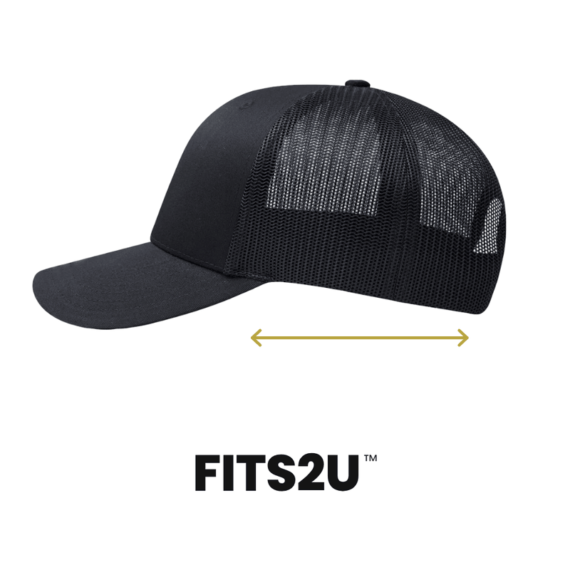 Black trucker cap, side view, with an arrow showing the Fits2U twill blend stretch mesh.