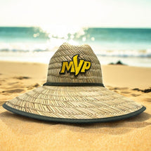 Straw wide-brimmed sun hat with the MVP logo, ideal for beach wear.