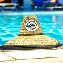 Straw sun hat with a swimmer logo, perfect for poolside or beach.