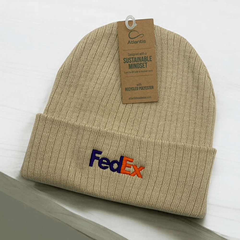 Atlantis sustainable rib knit beanie in beige with embroidered FedEx logo, made with recycled polyester, cuffed fit.