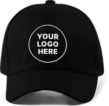 Black baseball cap with a custom logo front and center.