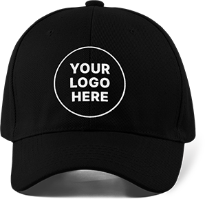 Black baseball cap with a custom logo front and center.