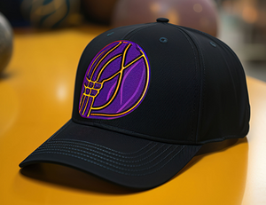 A black cap featuring a bold, purple and yellow embroidered basketball logo on the front, placed on an orange surface.