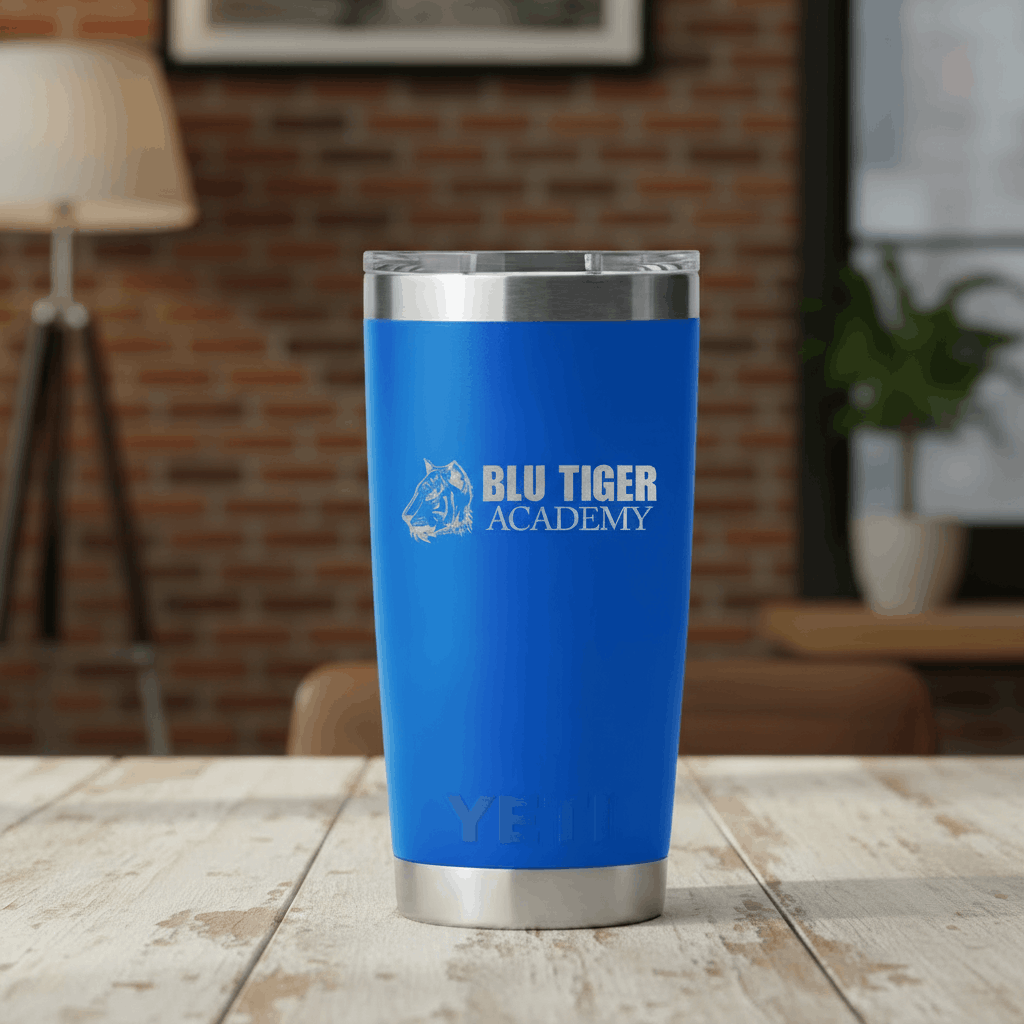 Blue YETI insulated tumbler with Blu Tiger Academy logo and tiger icon, stainless rim, on rustic tabletop.