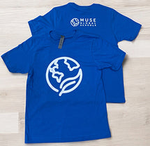 Blue MUSE Global Schools t-shirt with earth logo front and back view