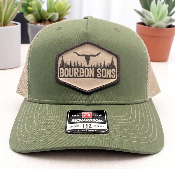 Olive green Richardson 112 trucker hat with Bourbon Sons patch and mesh back