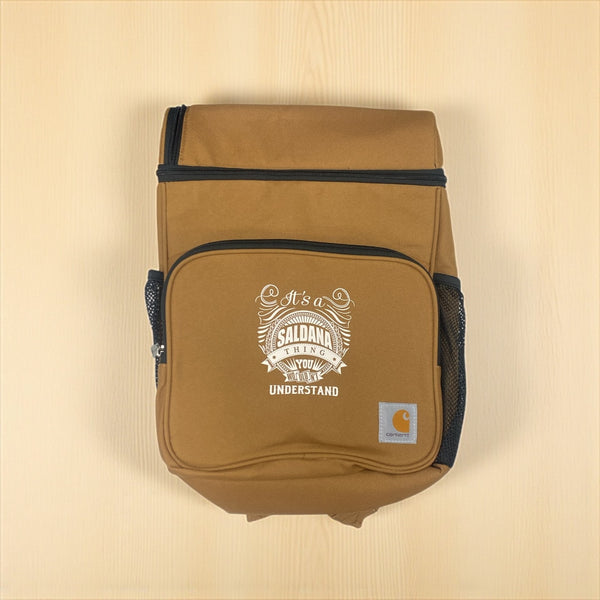 Brown backpack with a logo and text on a beige background