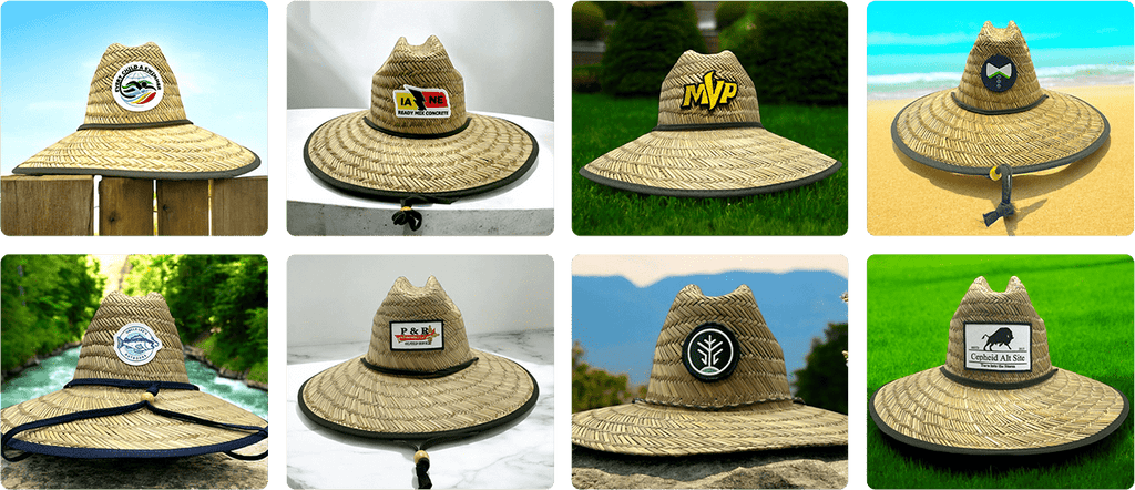 Collage of custom straw hats featuring logo patches for various brands, showcasing stylish designs and sun protection for outdoor activities.