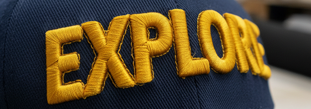 Close up of EXPLORE text embroidered in yellow thread on the front panel of a blue baseball cap