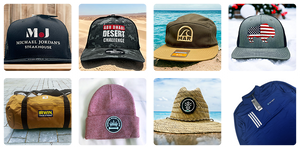 A collage of eight items: four caps with logos, a duffel bag, a beanie, a straw hat, and a sports shirt, all displayed in various settings.