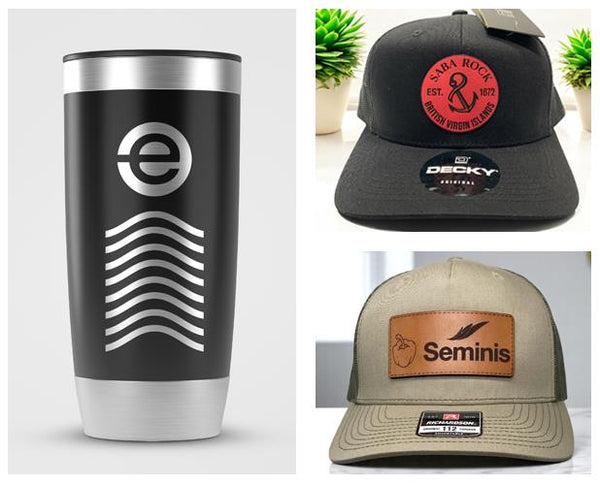 Collage of custom merch: laser-engraved black tumbler, a Decky hat with red patch, and a Richardson cap with leather patch.