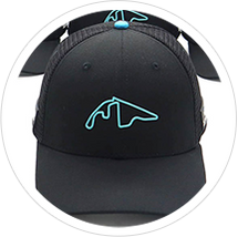 A black baseball cap with a blue mountain-like logo on the front.