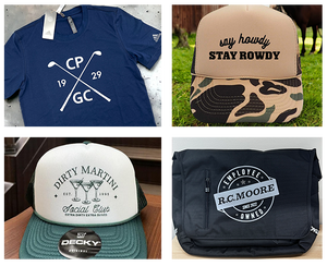 Collage of custom screen printed apparel and gear: branded t-shirts, mesh caps, camo trucker hats, and logo-printed bags.