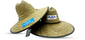 Custom straw hats featuring logo patches for Xylem and NUCA of Florida, designed for sun protection and promotional branding.