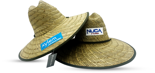 Custom straw hats featuring logo patches for Xylem and NUCA of Florida, designed for sun protection and promotional branding.