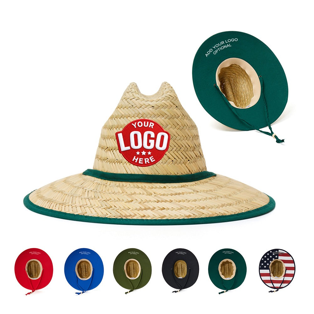 Custom straw lifeguard hat with green trim, logo patch, chin cord, and multiple under-brim color options