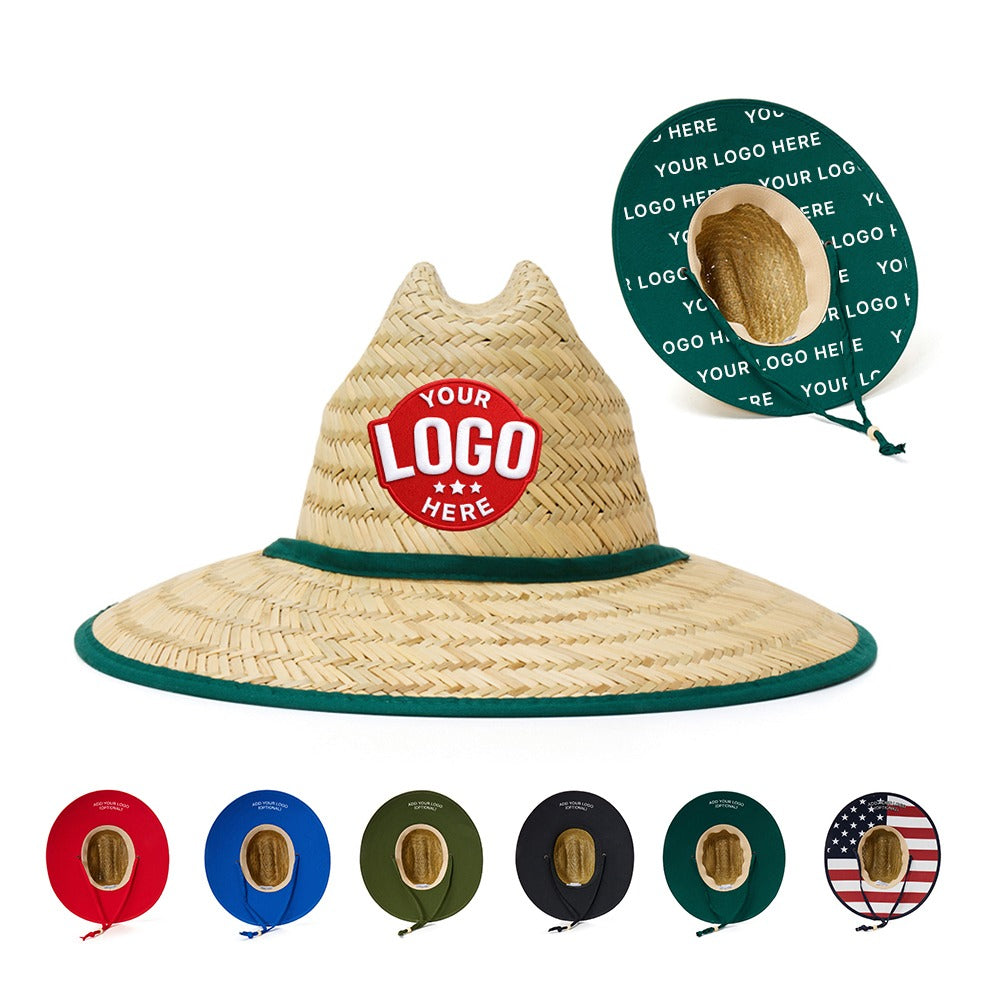 Custom straw lifeguard hat with green trim and red logo patch, shown with color options.