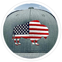 Gray cap with a buffalo in U.S. flag pattern, textured embroidery.
