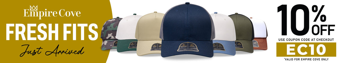 Empire Cove Fresh Fits banner featuring new hats and caps with 10% off using coupon code EC10 at checkout.