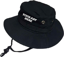 Black fishing hat with a custom logo on the front.