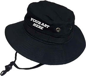 Black fishing hat with a custom logo on the front.