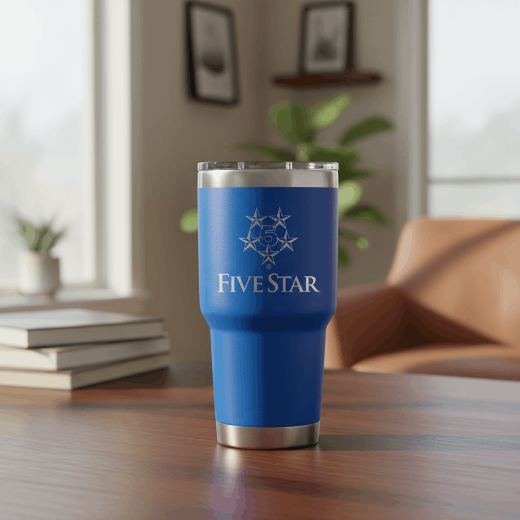 Blue insulated tumbler with Five Star logo and star emblem, stainless rim and base, on desk in a modern office.