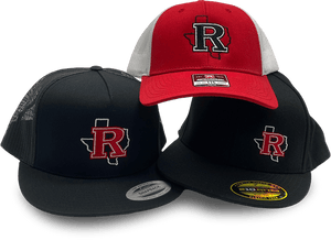 Three black and red hats with embroidered Texas-shaped designs featuring a bold 'R' at the center, arranged side by side.