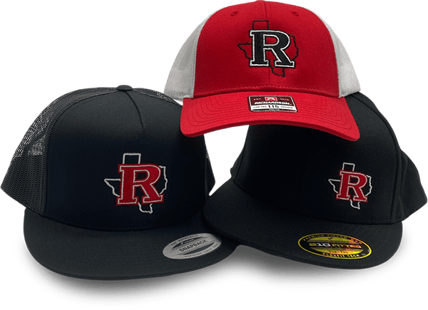 Three black and red hats with embroidered Texas-shaped designs featuring a bold 'R' at the center, arranged side by side.