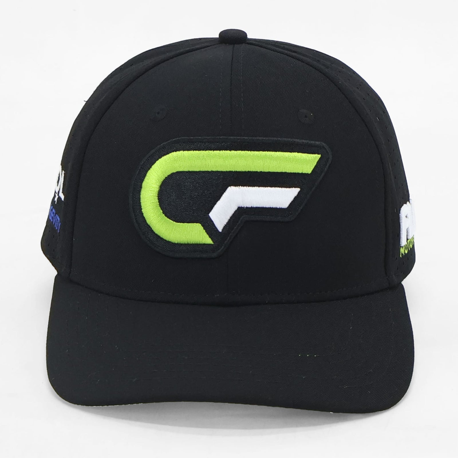 Black FLBR Motorsport cap, front view, neon green-and-white “CF” embroidered patch.