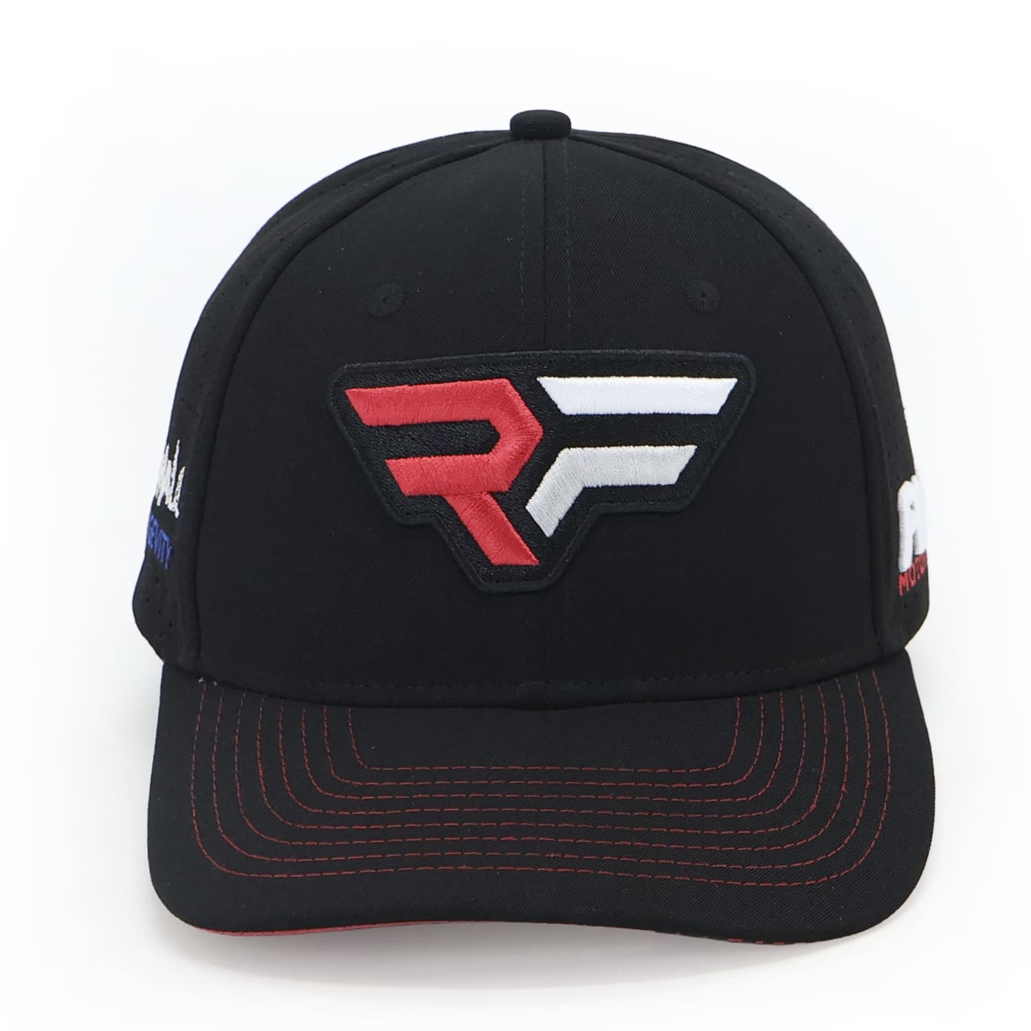 Black FLBR Motorsport cap, front view, red-and-white “RF” embroidered patch.