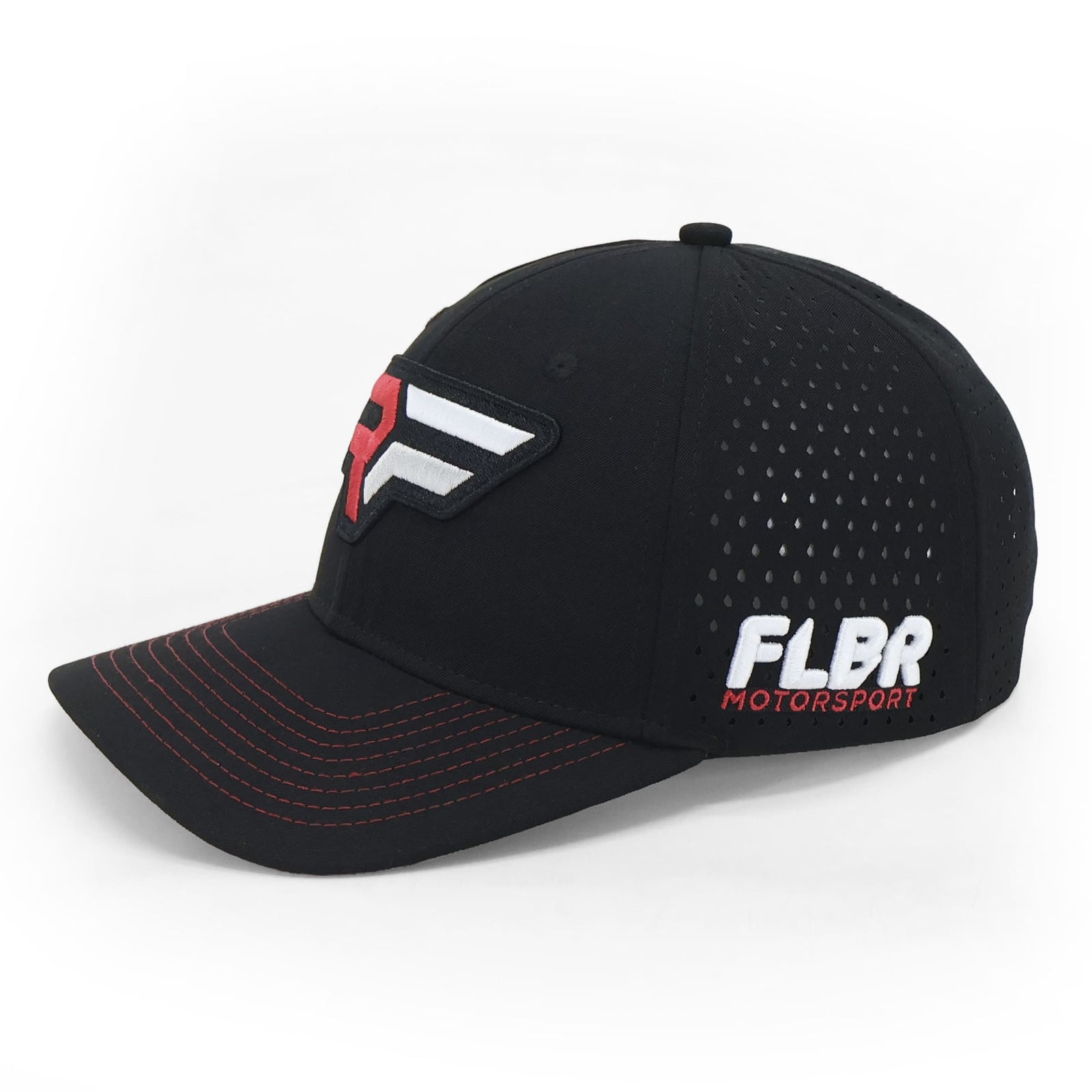 Black cap, angled side view, perforated panel with “FLBR MOTORSPORT” embroidery.