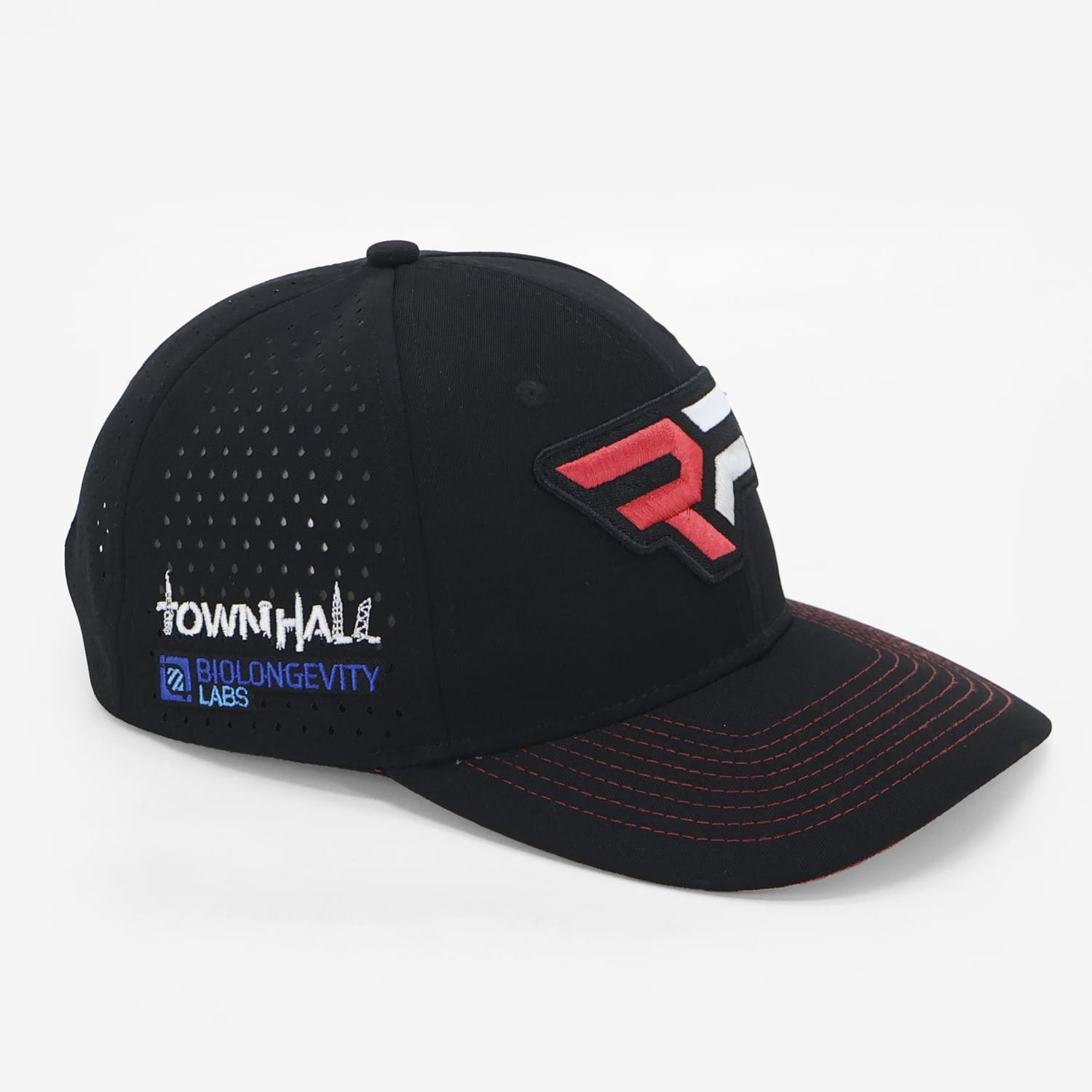 Black cap, angled view showing “TownHall” and “Biolongevity Labs” embroidery on side panel.
